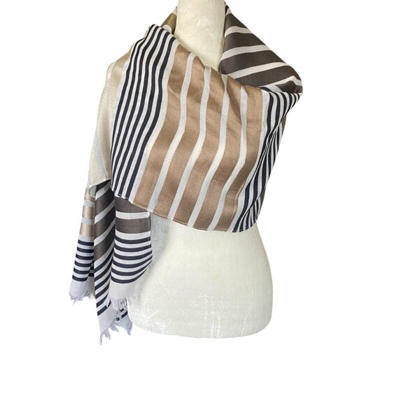 Women's neutral colored striped rectangle scarf wrap shawl fringed edges 74" L - Picture 3 of 6